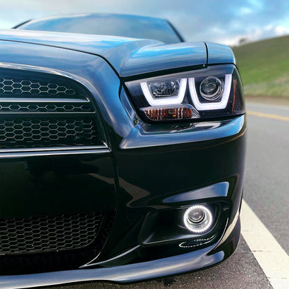 Ronnin - Fits 2011-2014 Dodge Charger Upgraded LED U-Shaped Dual Halo Rims Halogen Projector Headlights Assembly Pair | Black Smoke