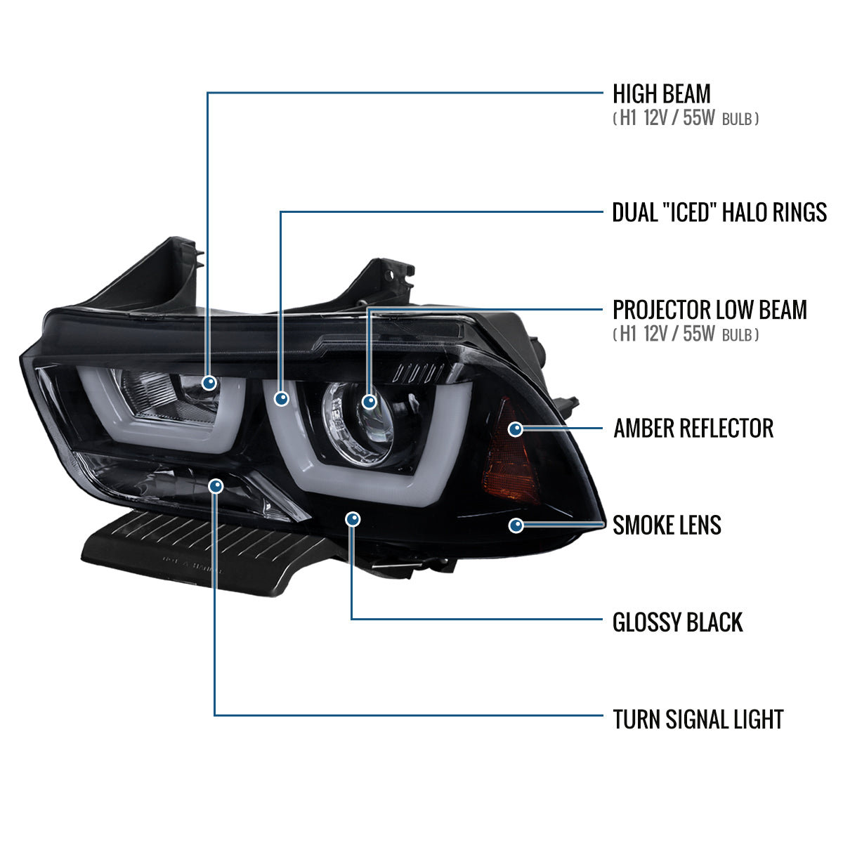 Ronnin - Fits 2011-2014 Dodge Charger Upgraded LED U-Shaped Dual Halo Rims Halogen Projector Headlights Assembly Pair | Black Smoke