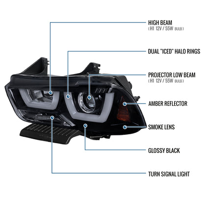 Ronnin - Fits 2011-2014 Dodge Charger Upgraded LED U-Shaped Dual Halo Rims Halogen Projector Headlights Assembly Pair | Black Smoke