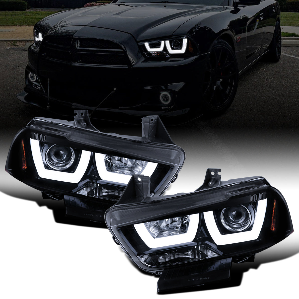 Ronnin - Fits 2011-2014 Dodge Charger Upgraded LED U-Shaped Dual Halo Rims Halogen Projector Headlights Assembly Pair | Black Smoke