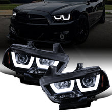 Ronnin - Fits 2011-2014 Dodge Charger Upgraded LED U-Shaped Dual Halo Rims Halogen Projector Headlights Assembly Pair | Black Smoke