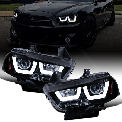 Ronnin - Fits 2011-2014 Dodge Charger Upgraded LED U-Shaped Dual Halo Rims Halogen Projector Headlights Assembly Pair | Black Smoke