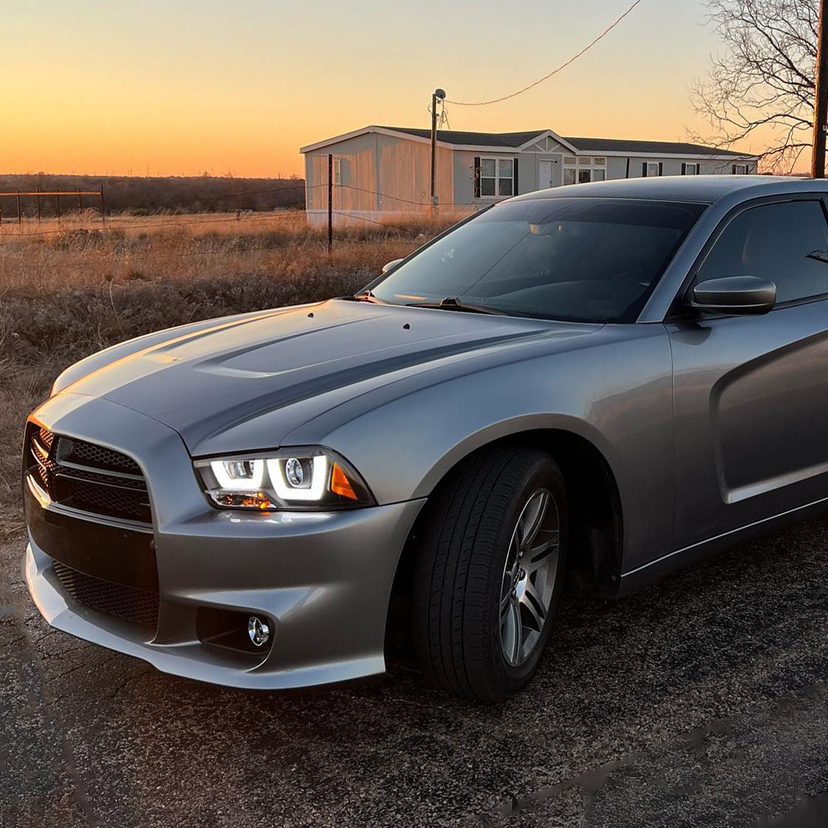 Ronnin - Fits 2011-2014 Dodge Charger Upgraded LED U-Shaped Dual Halo Rims Halogen Projector Headlights Assembly Pair | Black