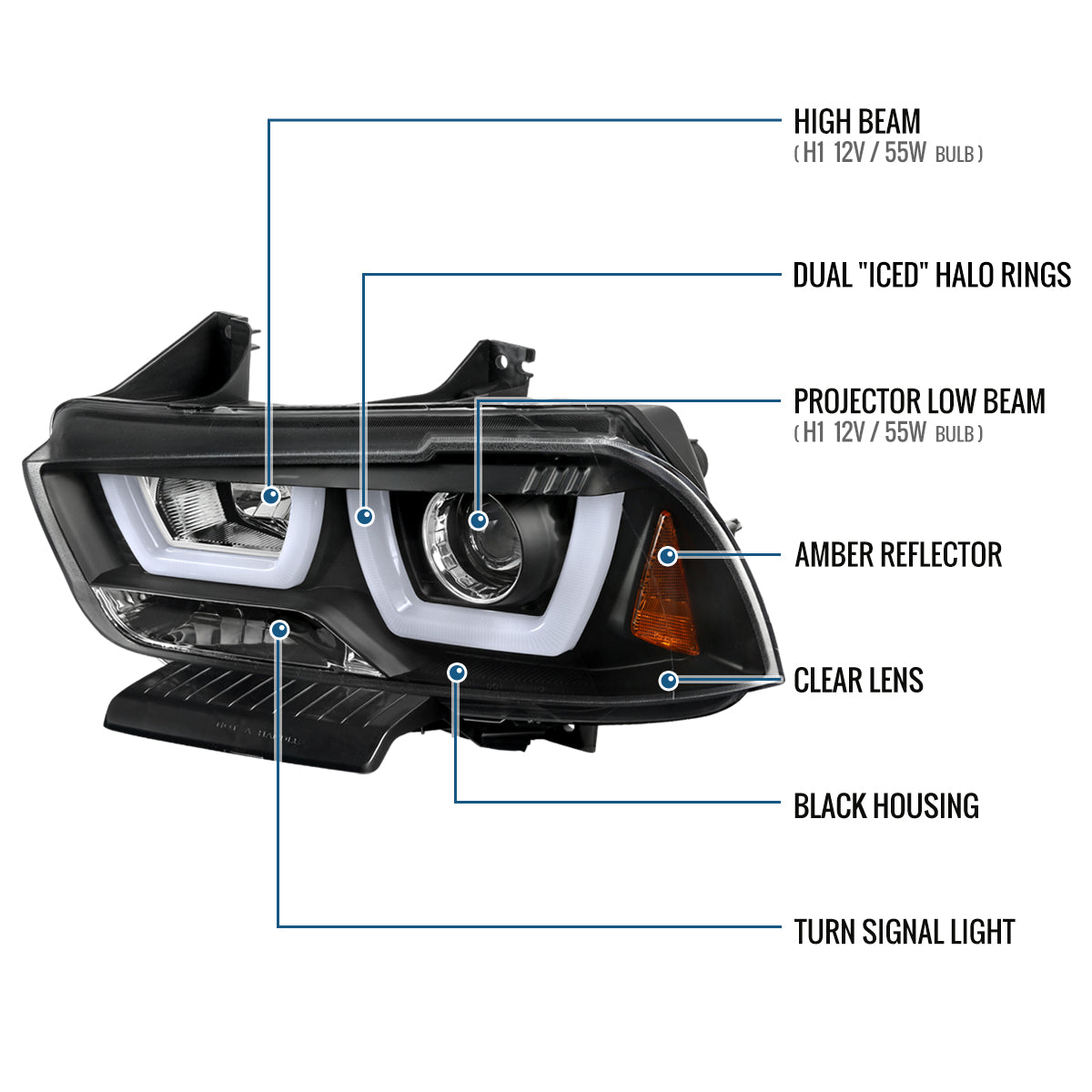 Ronnin - Fits 2011-2014 Dodge Charger Upgraded LED U-Shaped Dual Halo Rims Halogen Projector Headlights Assembly Pair | Black