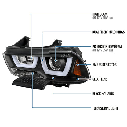 Ronnin - Fits 2011-2014 Dodge Charger Upgraded LED U-Shaped Dual Halo Rims Halogen Projector Headlights Assembly Pair | Black
