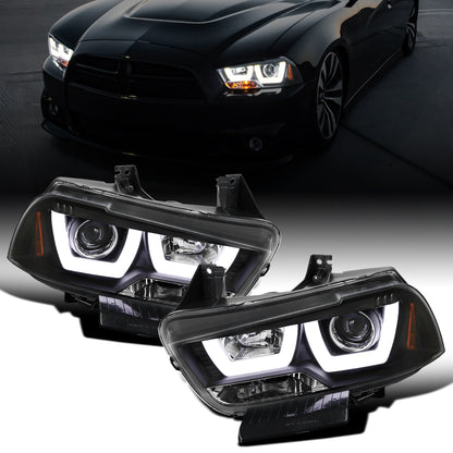 Ronnin - Fits 2011-2014 Dodge Charger Upgraded LED U-Shaped Dual Halo Rims Halogen Projector Headlights Assembly Pair | Black