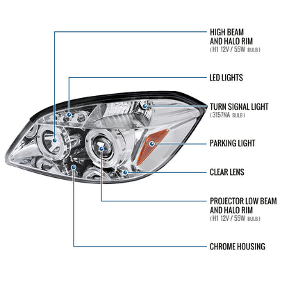 Ronnin - Compatible con Chevy Cobalt Pontiac G5 Pursuit 2005-2010 Faros delanteros de proyector LED de doble aro de repuesto y mejora | Cromo