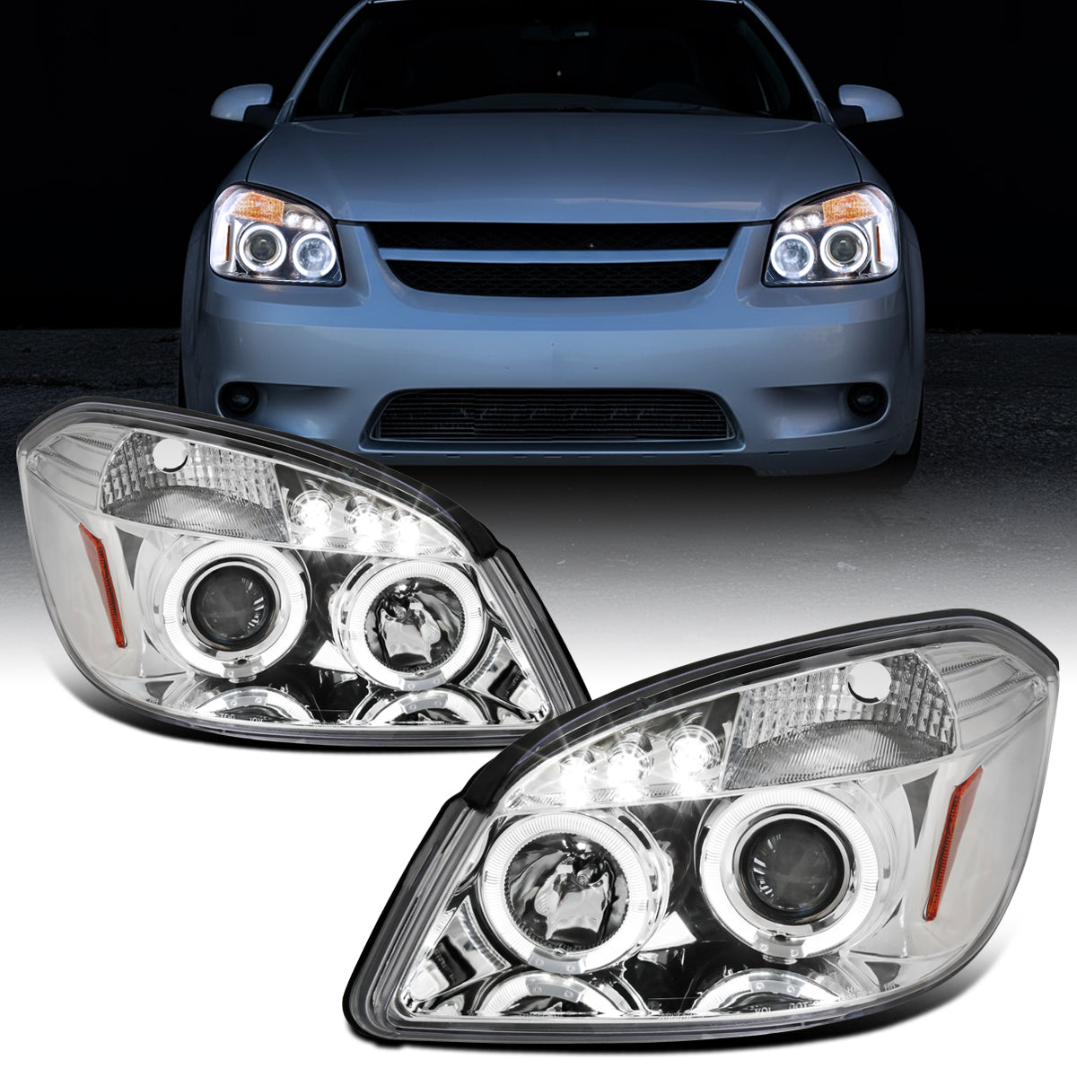Ronnin - Compatible con Chevy Cobalt Pontiac G5 Pursuit 2005-2010 Faros delanteros de proyector LED de doble aro de repuesto y mejora | Cromo