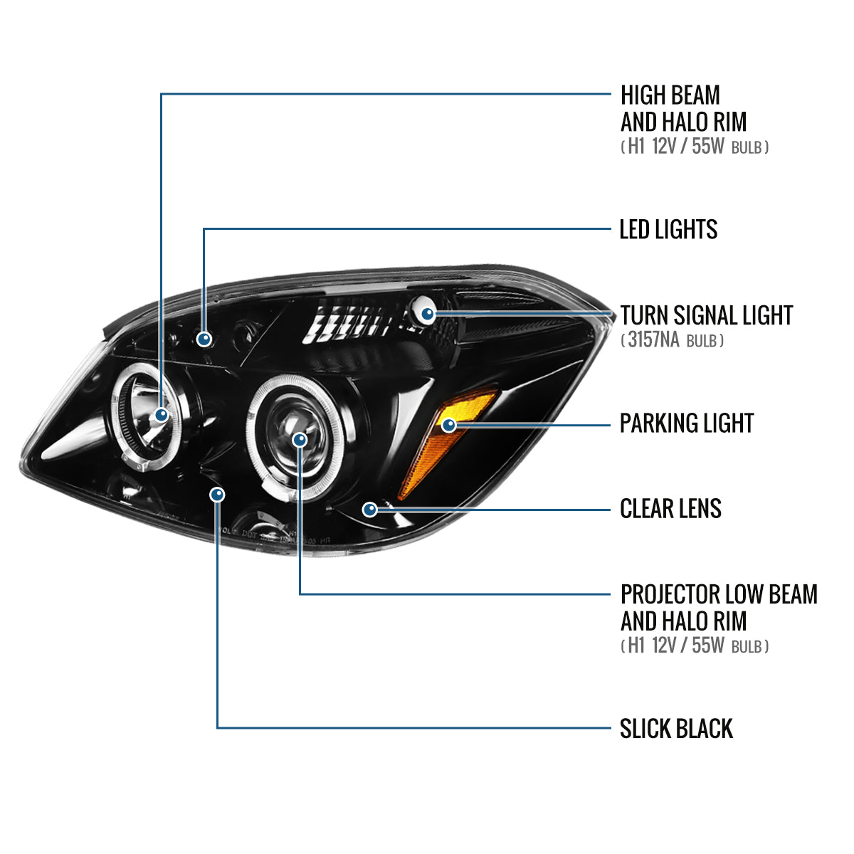 Ronnin - Compatible con Chevy Cobalt Pontiac G5 Pursuit 2005-2010. Par de faros delanteros con proyector LED de doble aro y repuesto mejorado | Negro brillante
