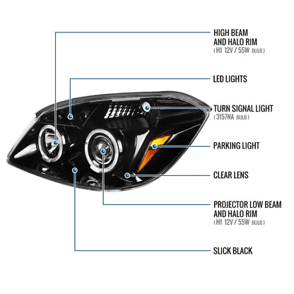 Ronnin - Compatible con Chevy Cobalt Pontiac G5 Pursuit 2005-2010. Par de faros delanteros con proyector LED de doble aro y repuesto mejorado | Negro brillante