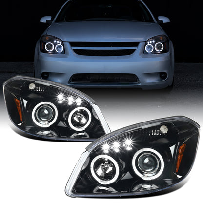 Ronnin - Compatible con Chevy Cobalt Pontiac G5 Pursuit 2005-2010. Par de faros delanteros con proyector LED de doble aro y repuesto mejorado | Negro brillante