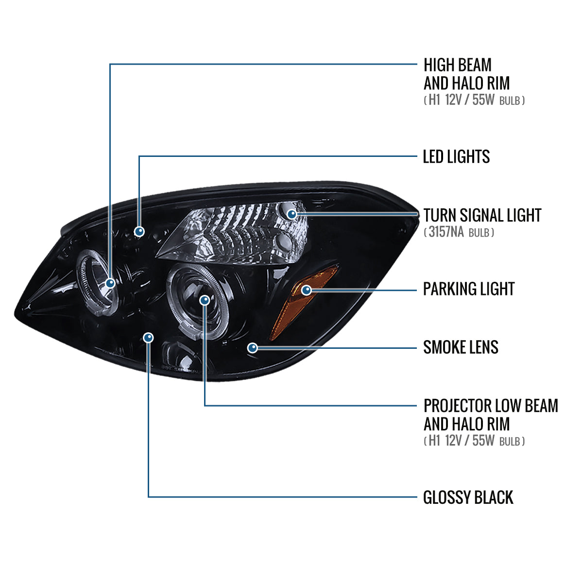Ronnin - Compatible con Chevy Cobalt Pontiac G5 Pursuit 2005-2010 Faros delanteros de proyector con LED de doble halo de repuesto mejorados | Negro Ahumado