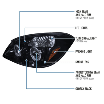 Ronnin - Compatible con Chevy Cobalt Pontiac G5 Pursuit 2005-2010 Faros delanteros de proyector con LED de doble halo de repuesto mejorados | Negro Ahumado