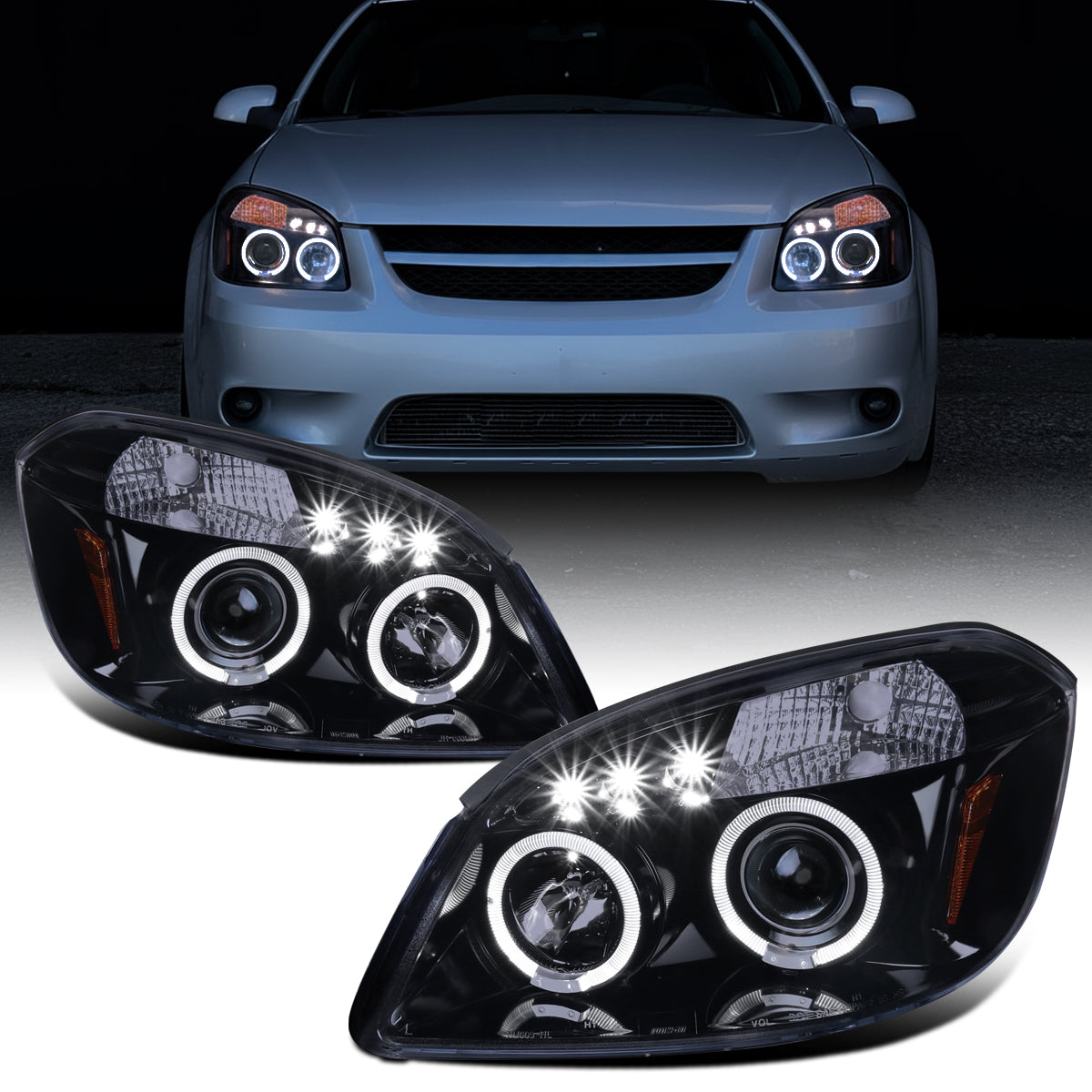 Ronnin - Compatible con Chevy Cobalt Pontiac G5 Pursuit 2005-2010 Faros delanteros de proyector con LED de doble halo de repuesto mejorados | Negro Ahumado