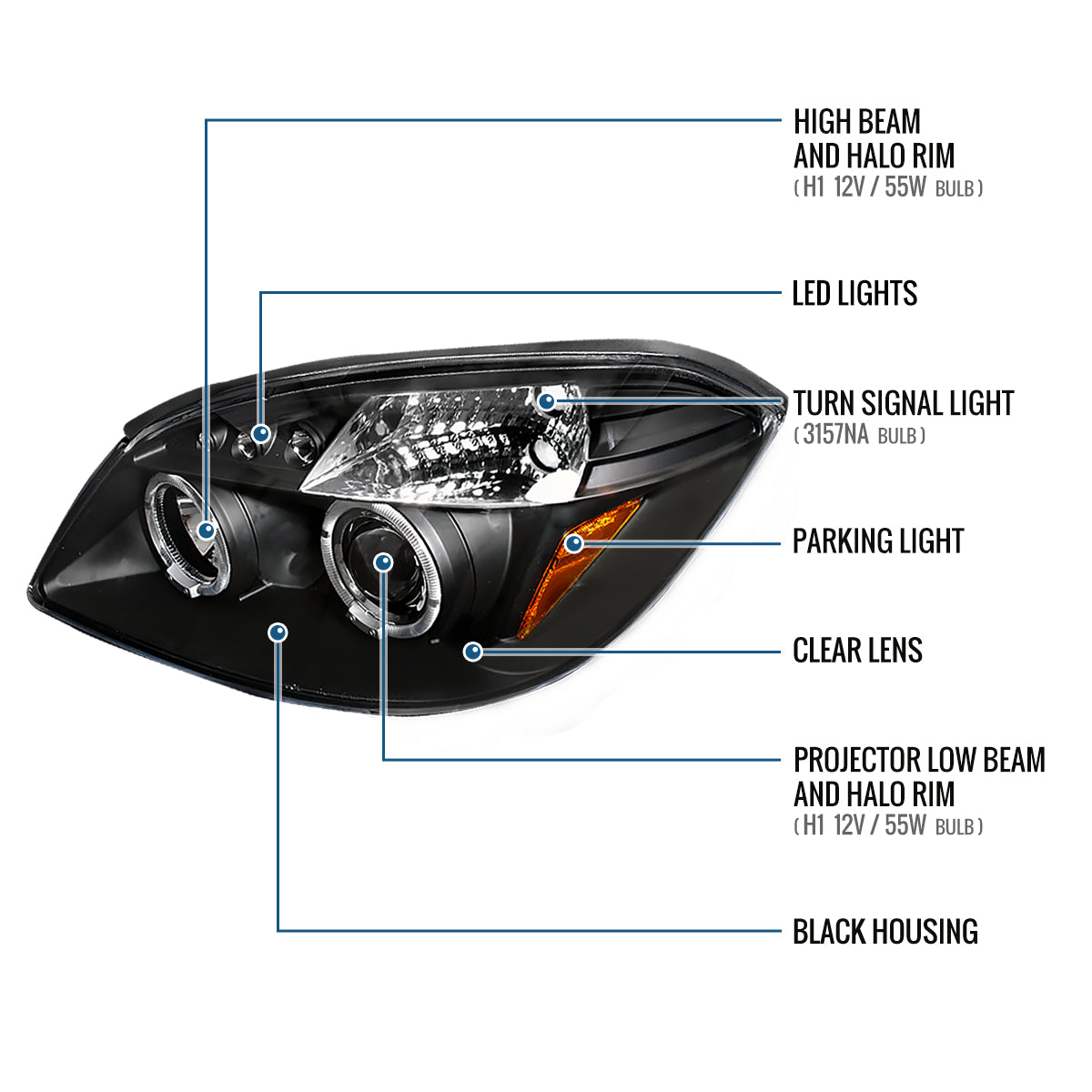 Ronnin - Compatible con Chevy Cobalt Pontiac G5 Pursuit 2005-2010 Faros delanteros de proyector LED de doble aro de repuesto y mejora | Negro