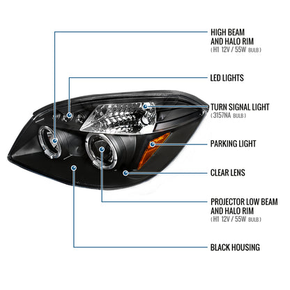 Ronnin - Compatible con Chevy Cobalt Pontiac G5 Pursuit 2005-2010 Faros delanteros de proyector LED de doble aro de repuesto y mejora | Negro