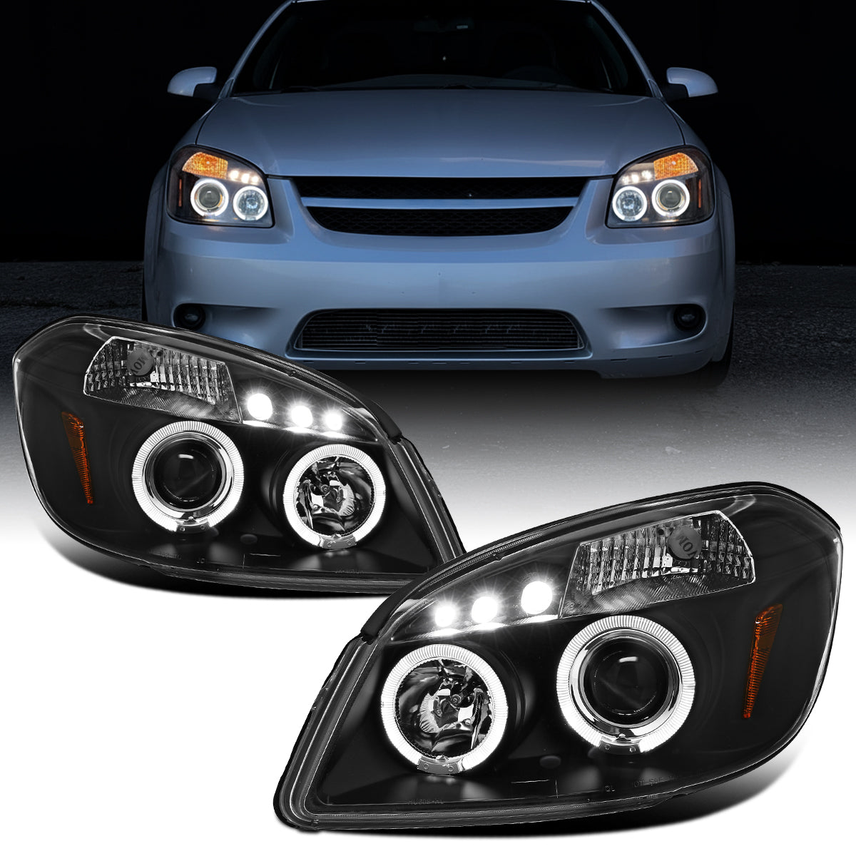 Ronnin - Compatible con Chevy Cobalt Pontiac G5 Pursuit 2005-2010 Faros delanteros de proyector LED de doble aro de repuesto y mejora | Negro