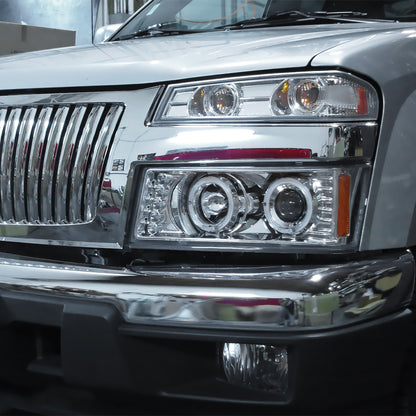 Ronnin - Fits 2004-2012 Chevy Colorado GMC Canyon Upgraded Replacement LED Dual Halo Rims Running Lights Projector Headlights Assembly Pair | Chrome