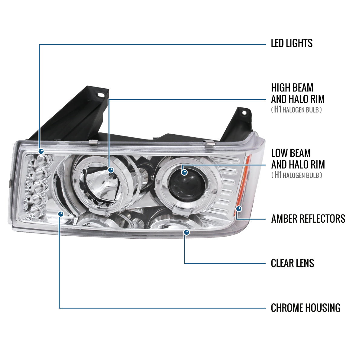 Ronnin - Fits 2004-2012 Chevy Colorado GMC Canyon Upgraded Replacement LED Dual Halo Rims Running Lights Projector Headlights Assembly Pair | Chrome
