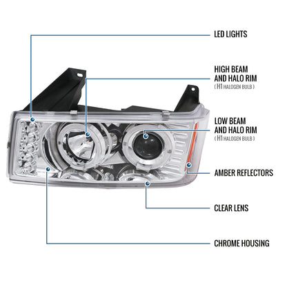 Ronnin - Fits 2004-2012 Chevy Colorado GMC Canyon Upgraded Replacement LED Dual Halo Rims Running Lights Projector Headlights Assembly Pair | Chrome