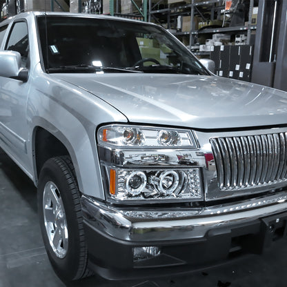 Ronnin - Fits 2004-2012 Chevy Colorado GMC Canyon Upgraded Replacement LED Dual Halo Rims Running Lights Projector Headlights Assembly Pair | Chrome