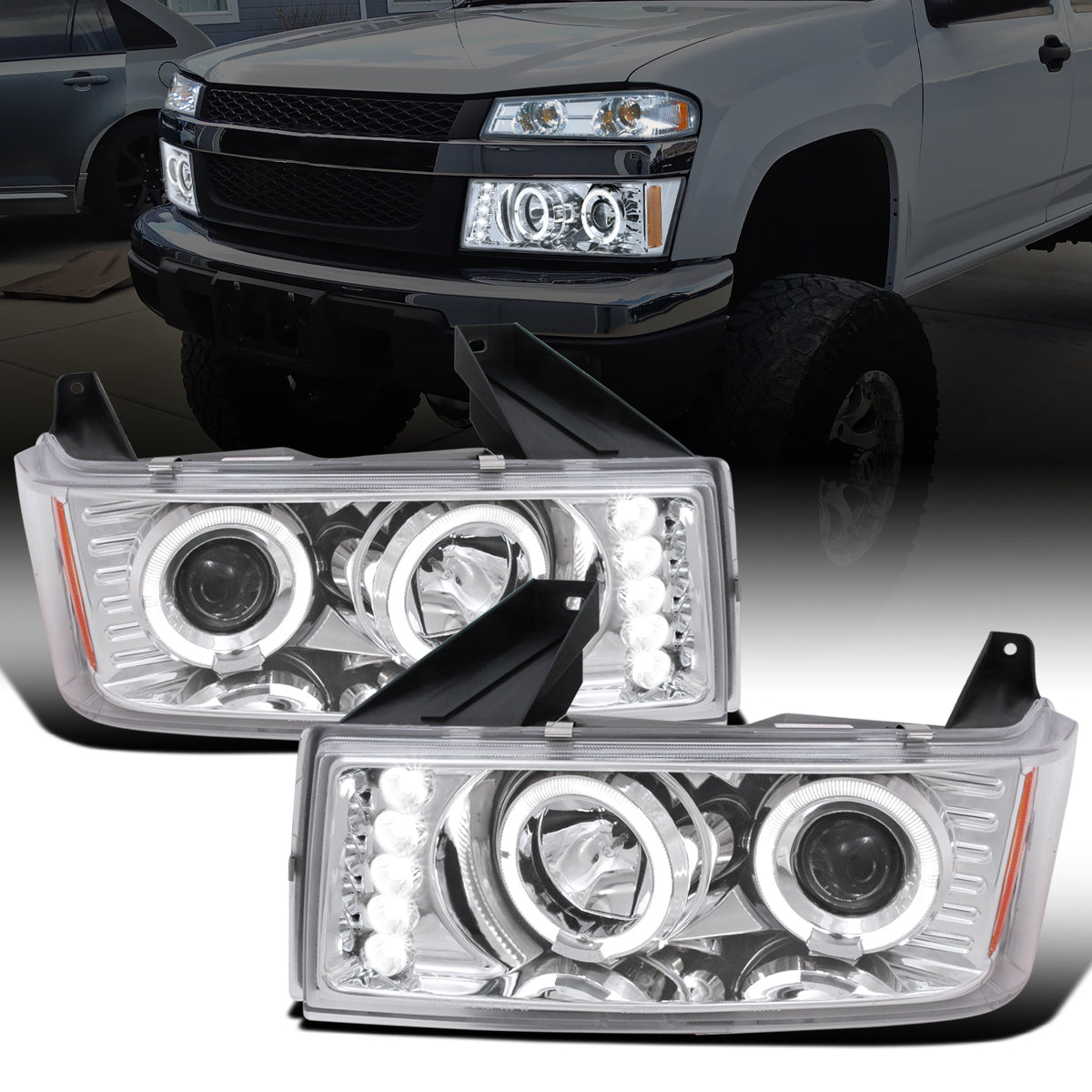 Ronnin - Fits 2004-2012 Chevy Colorado GMC Canyon Upgraded Replacement LED Dual Halo Rims Running Lights Projector Headlights Assembly Pair | Chrome