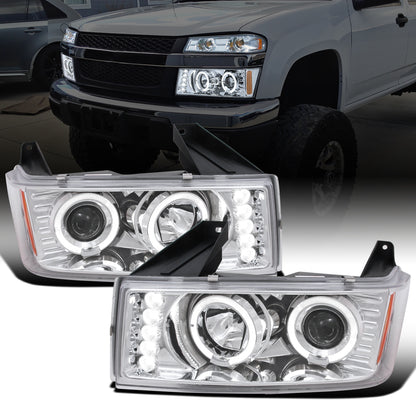 Ronnin - Fits 2004-2012 Chevy Colorado GMC Canyon Upgraded Replacement LED Dual Halo Rims Running Lights Projector Headlights Assembly Pair | Chrome