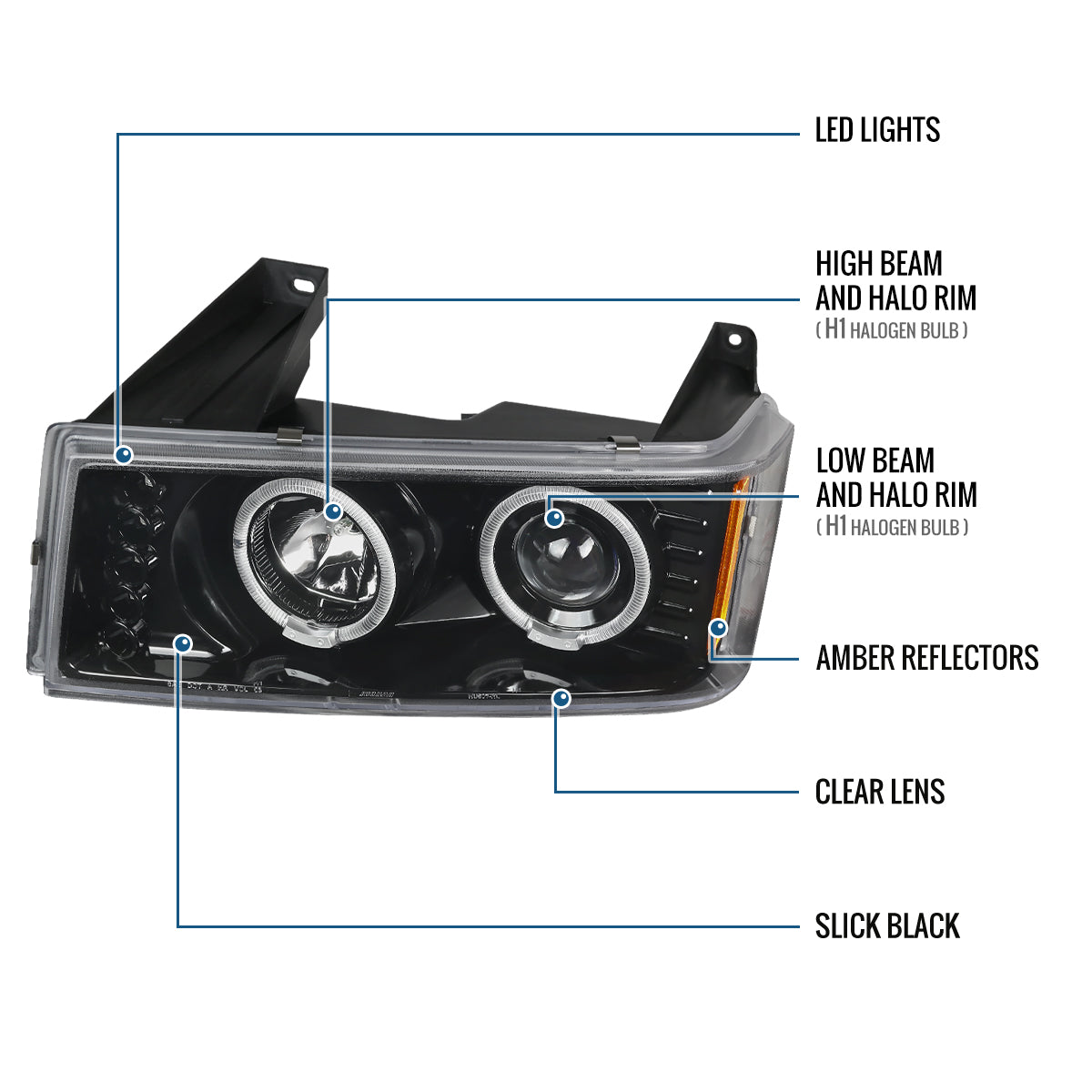 Ronnin - Fits 2004-2012 Chevy Colorado GMC Canyon Upgraded Replacement LED Dual Halo Rims Running Lights Projector Headlights Assembly Pair | Glossy Black