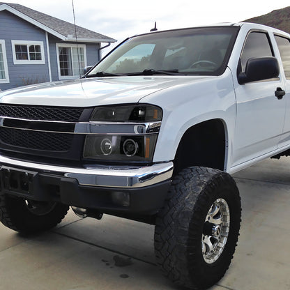 Ronnin - Fits 2004-2012 Chevy Colorado GMC Canyon Upgraded Replacement LED Dual Halo Rims Running Lights Projector Headlights Assembly Pair | Glossy Black