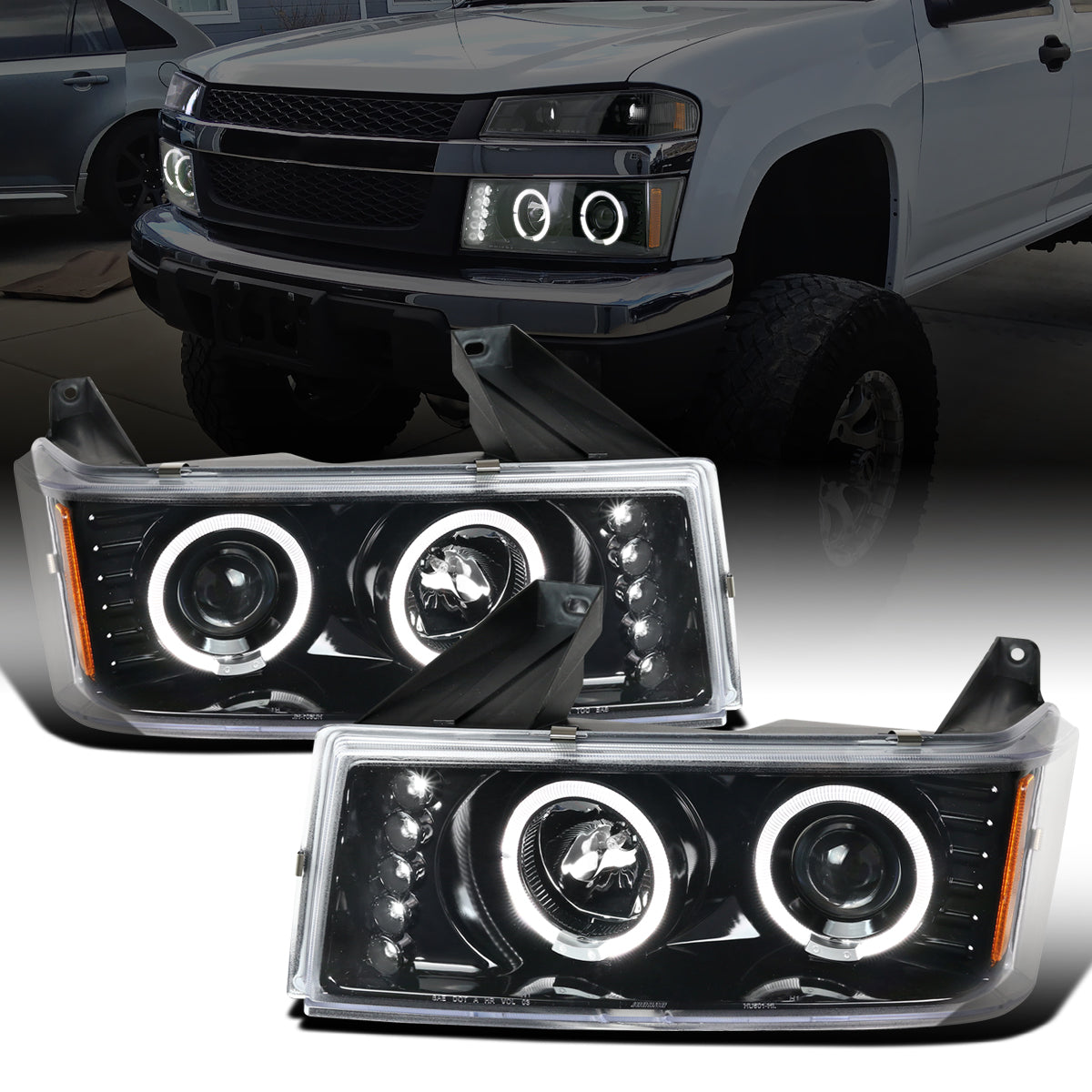 Ronnin - Fits 2004-2012 Chevy Colorado GMC Canyon Upgraded Replacement LED Dual Halo Rims Running Lights Projector Headlights Assembly Pair | Glossy Black