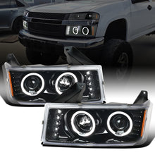 Ronnin - Fits 2004-2012 Chevy Colorado GMC Canyon Upgraded Replacement LED Dual Halo Rims Running Lights Projector Headlights Assembly Pair | Glossy Black