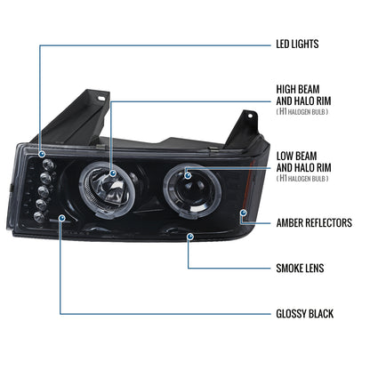 Ronnin - Fits 2004-2012 Chevy Colorado GMC Canyon Upgraded Replacement LED Dual Halo Rims Running Lights Projector Headlights Assembly Pair | Black Smoke