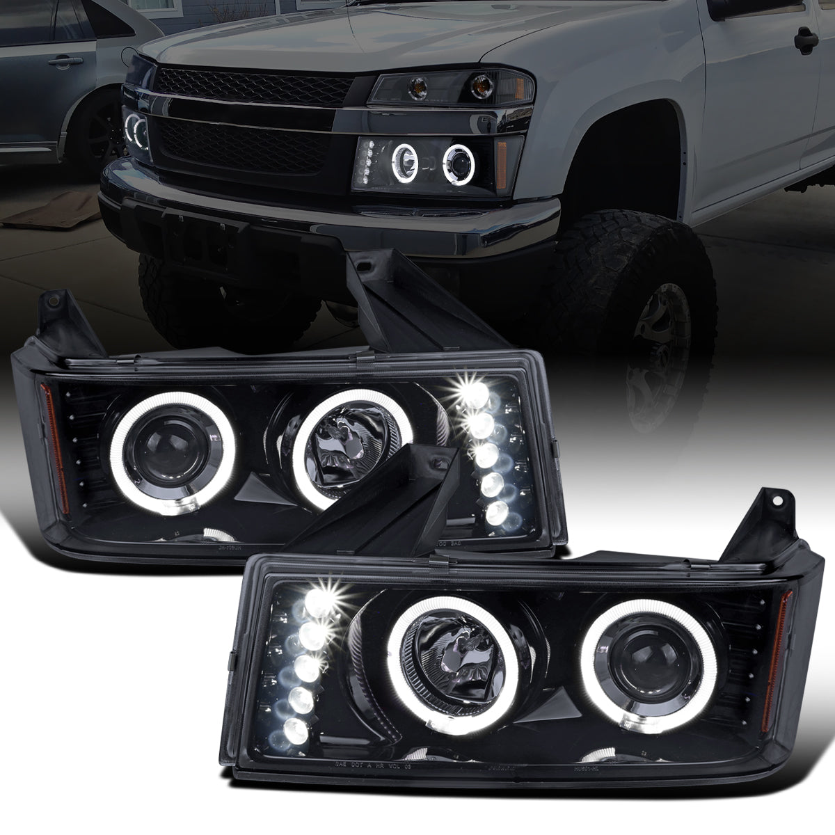 Ronnin - Fits 2004-2012 Chevy Colorado GMC Canyon Upgraded Replacement LED Dual Halo Rims Running Lights Projector Headlights Assembly Pair | Black Smoke