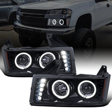 Ronnin - Fits 2004-2012 Chevy Colorado GMC Canyon Upgraded Replacement LED Dual Halo Rims Running Lights Projector Headlights Assembly Pair | Black Smoke