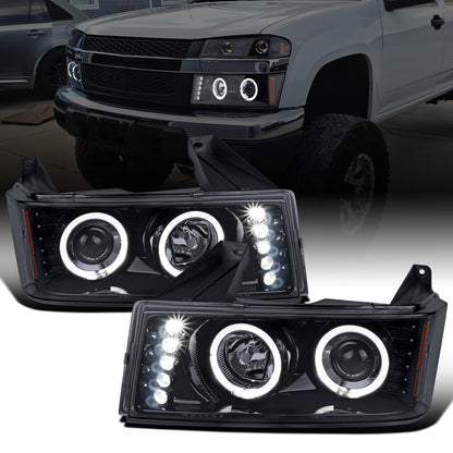 Ronnin - Fits 2004-2012 Chevy Colorado GMC Canyon Upgraded Replacement LED Dual Halo Rims Running Lights Projector Headlights Assembly Pair | Black Smoke