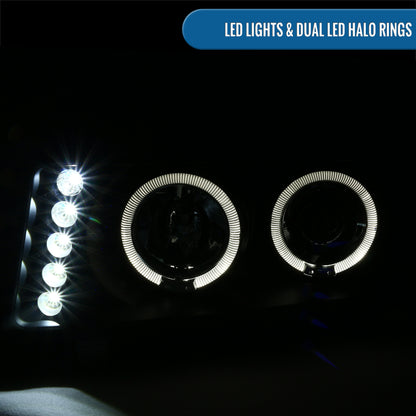 Ronnin - Fits 2004-2012 Chevy Colorado GMC Canyon Upgraded Replacement LED Dual Halo Rims Running Lights Projector Headlights Assembly Pair | Black