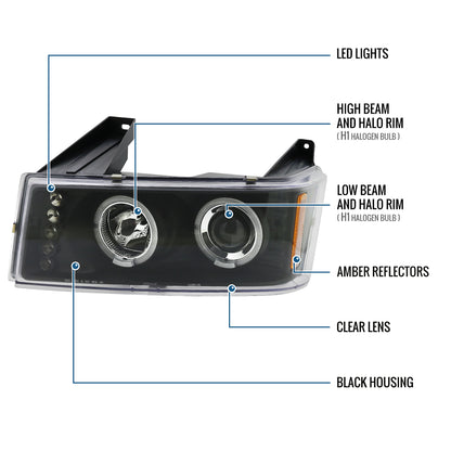 Ronnin - Fits 2004-2012 Chevy Colorado GMC Canyon Upgraded Replacement LED Dual Halo Rims Running Lights Projector Headlights Assembly Pair | Black