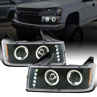 Ronnin - Fits 2004-2012 Chevy Colorado GMC Canyon Upgraded Replacement LED Dual Halo Rims Running Lights Projector Headlights Assembly Pair | Black