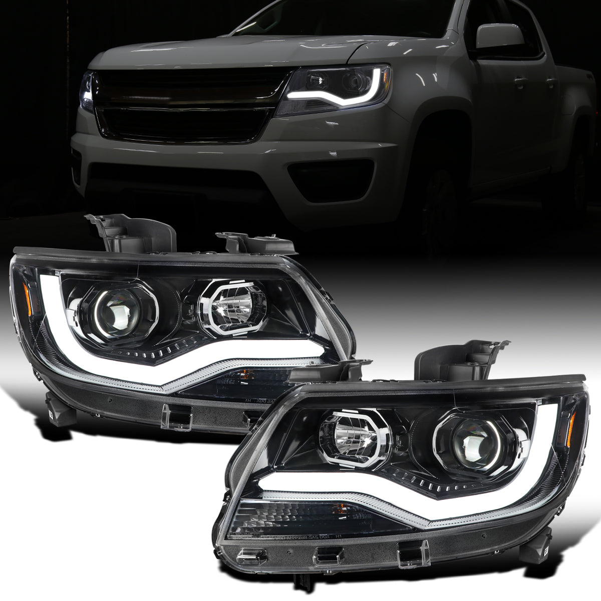 Ronnin - Fits 2015-2022 Chevy Colorado Upgraded Replacement  Halogen Projector Headlights LED Tube Driving Lights  Assembly Pair | Gloss Black