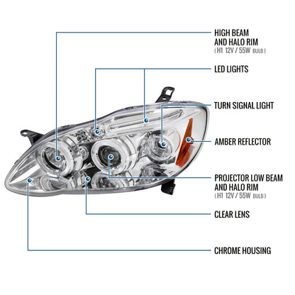 Ronnin - Compatible con Toyota Corolla 2003-2008 Montaje de faros proyectores LED de doble aro mejorados | Cromo
