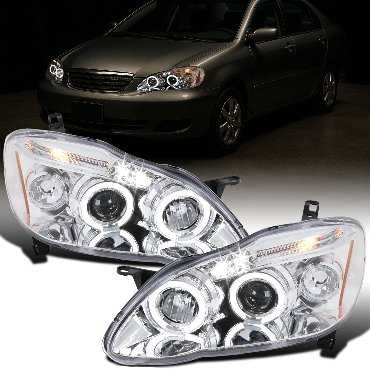 Ronnin - Compatible con Toyota Corolla 2003-2008 Montaje de faros proyectores LED de doble aro mejorados | Cromo