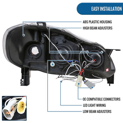 Ronnin - Fits 2003-2008 Toyota Corolla Upgraded Replacement  LED Dual Rims Projector Headlights Assembly Pair | Black Smoke