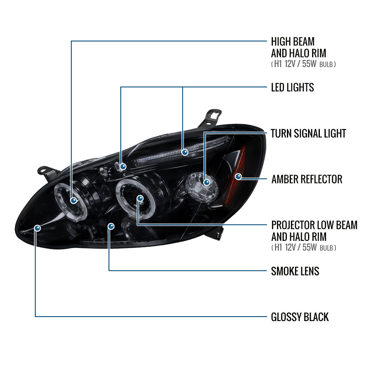 Ronnin - Fits 2003-2008 Toyota Corolla Upgraded Replacement  LED Dual Rims Projector Headlights Assembly Pair | Black Smoke