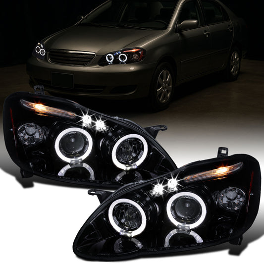 Ronnin - Fits 2003-2008 Toyota Corolla Upgraded Replacement  LED Dual Rims Projector Headlights Assembly Pair | Black Smoke