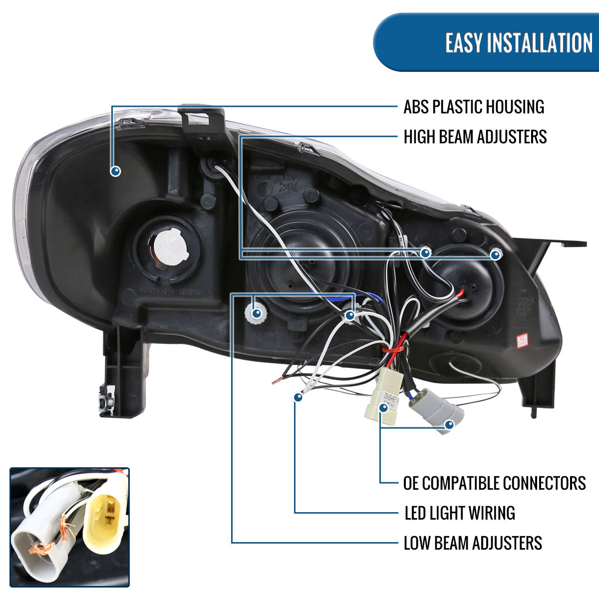 Ronnin - Fits 2003-2008 Toyota Corolla Upgraded Replacement  LED Dual Rims Projector Headlights Assembly Pair | Black