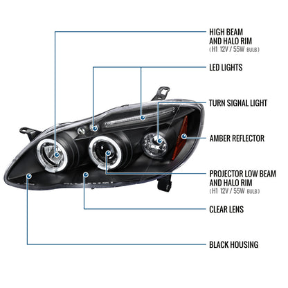 Ronnin - Fits 2003-2008 Toyota Corolla Upgraded Replacement  LED Dual Rims Projector Headlights Assembly Pair | Black