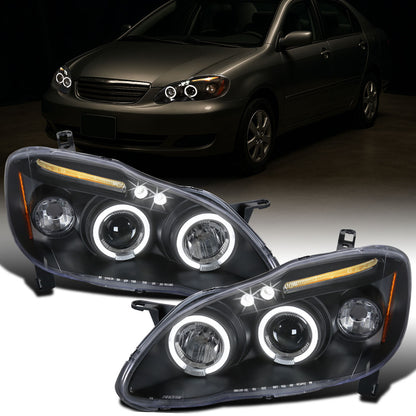 Ronnin - Fits 2003-2008 Toyota Corolla Upgraded Replacement  LED Dual Rims Projector Headlights Assembly Pair | Black