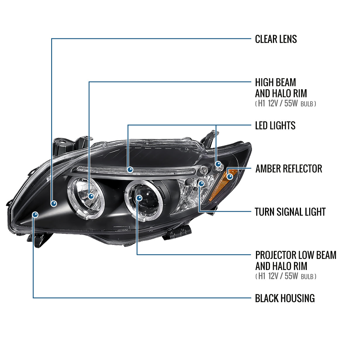 Ronnin - Se adapta a Toyota Corolla 2009-2010 Par de faros delanteros con proyector LED de doble aro y repuesto mejorado | Negro
