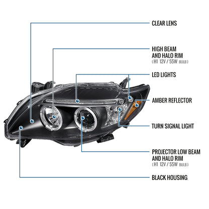 Ronnin - Se adapta a Toyota Corolla 2009-2010 Par de faros delanteros con proyector LED de doble aro y repuesto mejorado | Negro