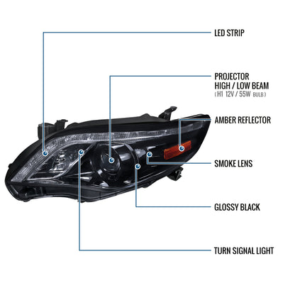 Ronnin - Faros delanteros con proyector LED de repuesto para Toyota Corolla 2011-2013 | Negro ahumado